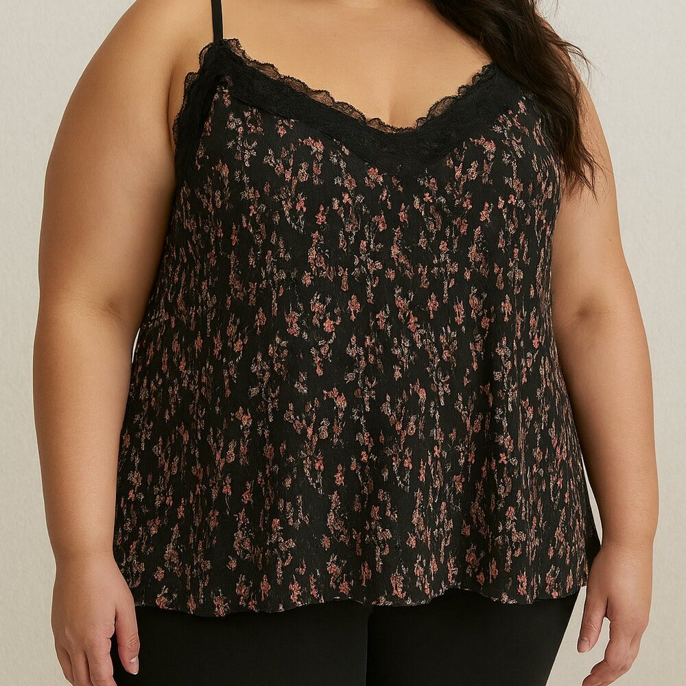 Everleigh Plus Size 3X Black Floral Lace Trim Pleated Cami Tank Top